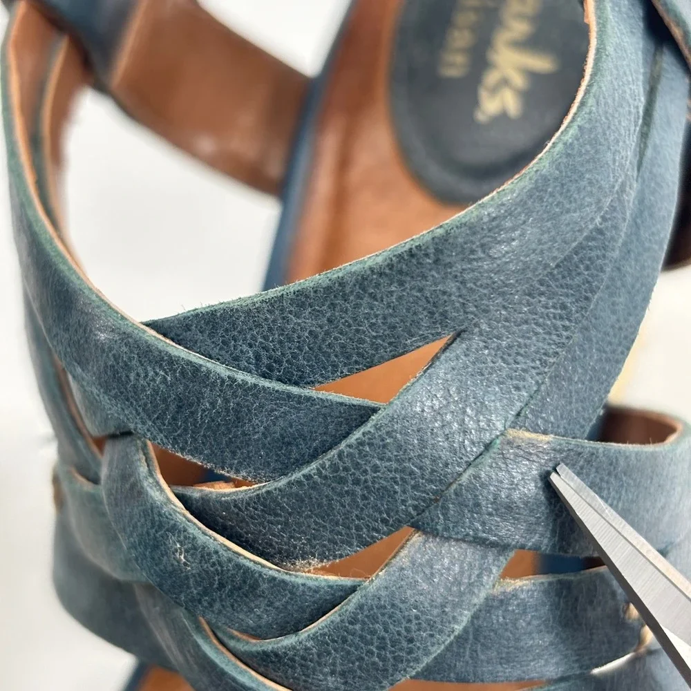 Clarks Artisan Kyna Womens Blue Leather Strappy Espadrille Wedge Sandal 7.5 Boho